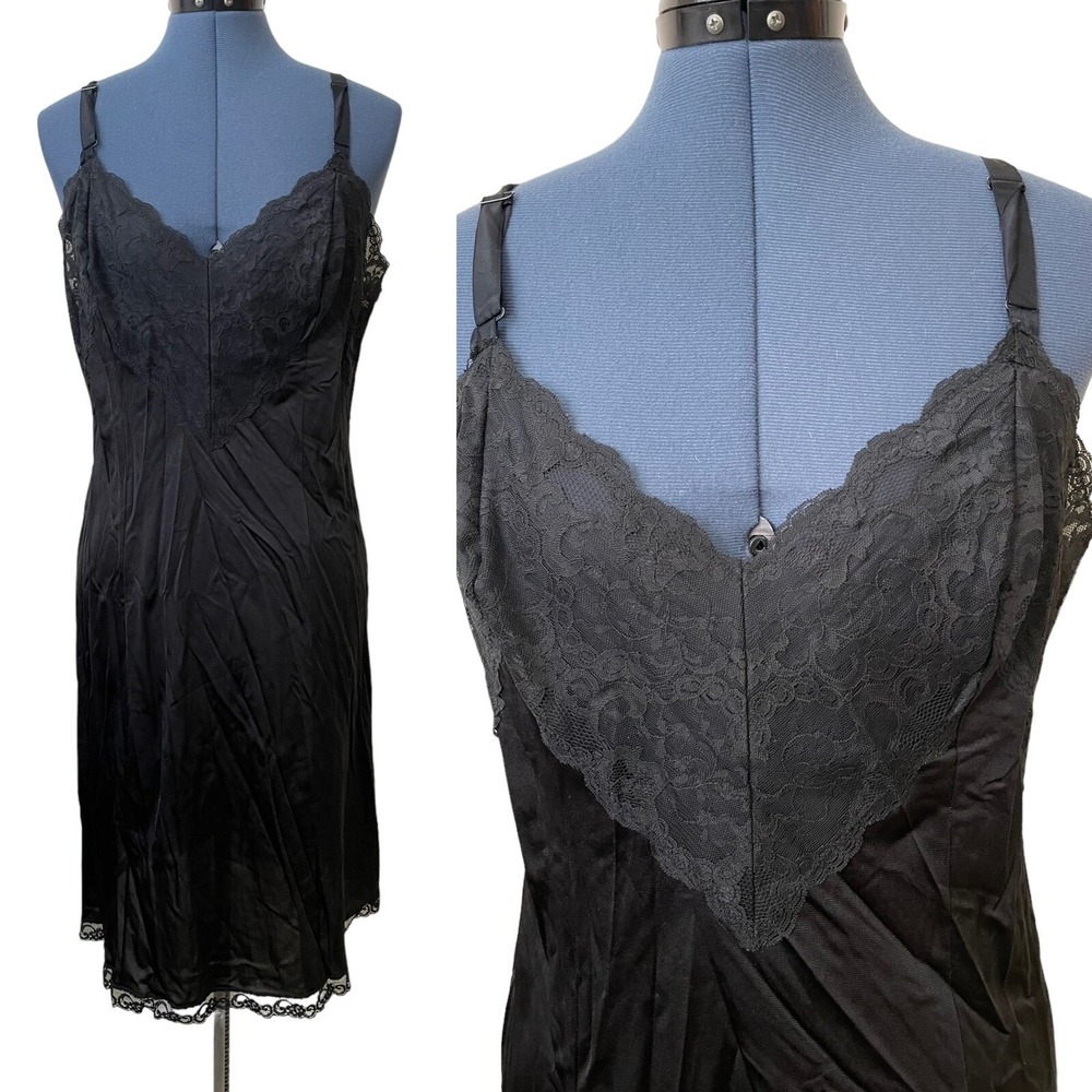 VTG Vanity Fair Black Lace Sleeveless Sweetheart Sheer Slip Dress Whimsigoth L